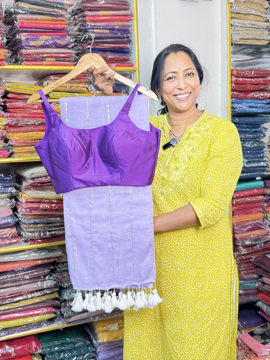 Lavendar Pure Mul Cotton Saree with Sleeveless Blouse Combo