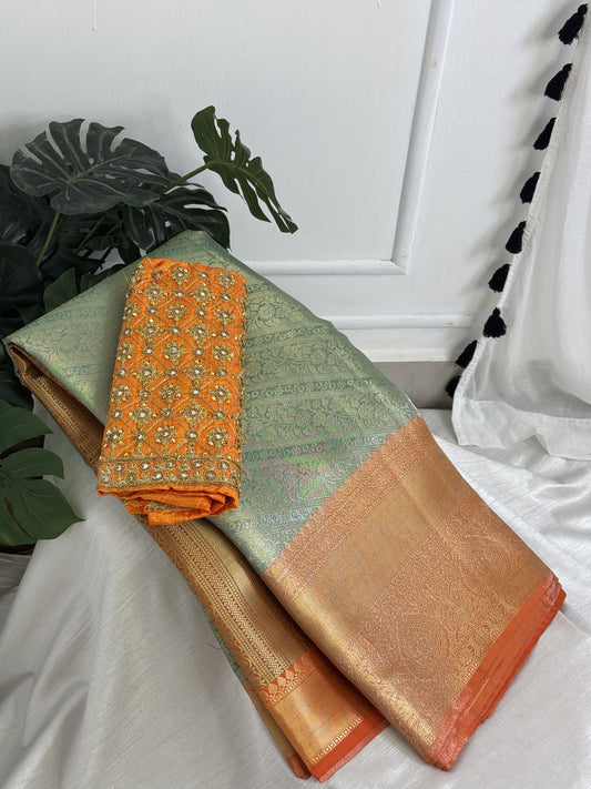 Light RamaGreen Orange Tissue Saree with Work Blouse Combo