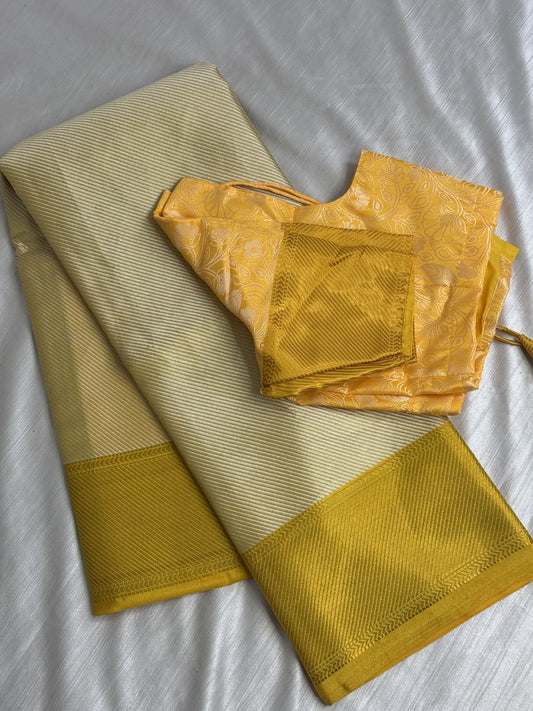 Light Yellow Tissue Saree With Stitched Blouse