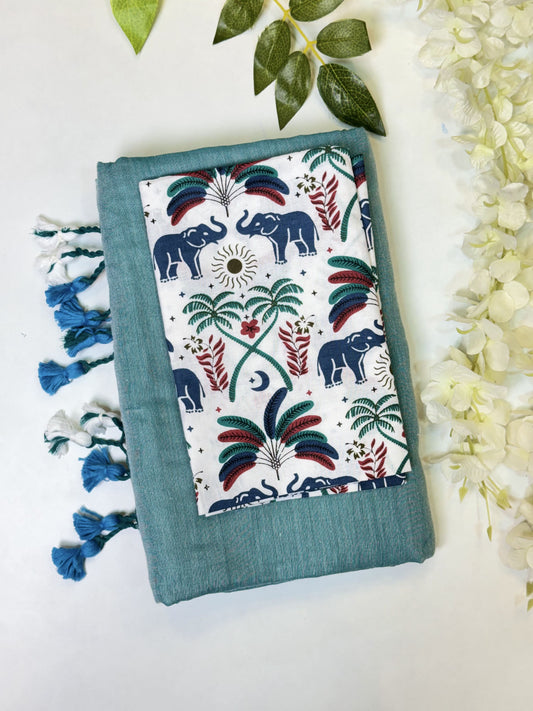 Cyan Khadi Cotton Saree