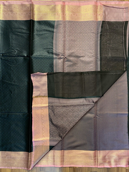 Bottle green & Pink Kora Muslin Saree