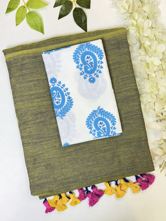 Dry Leaf Green Khadi Cotton Saree