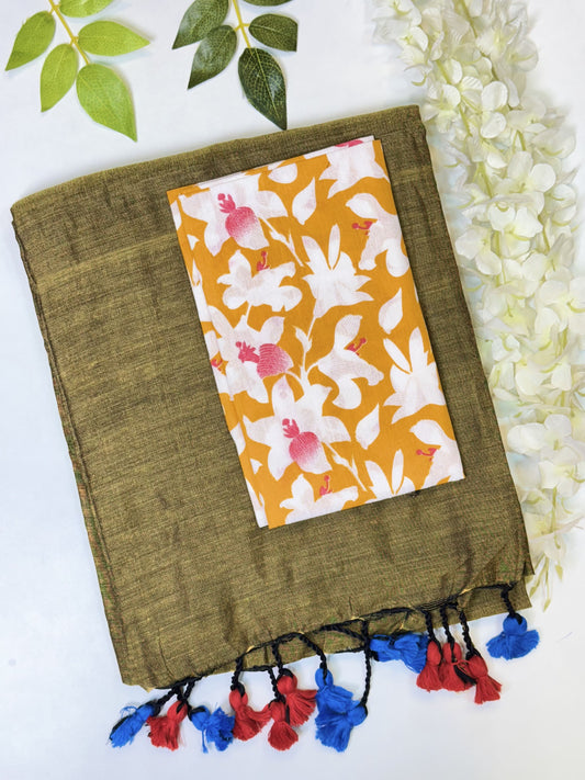 Dry Leaf Green Khadi Cotton Saree