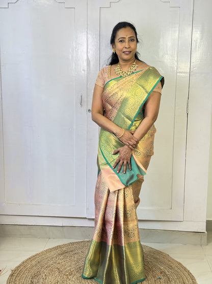 Rose Gold Green Semi Silk Saree with Hand Work Blouse Combo