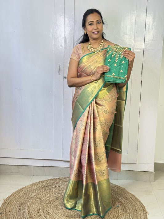 Rose Gold Green Semi Silk Saree with Hand Work Blouse Combo