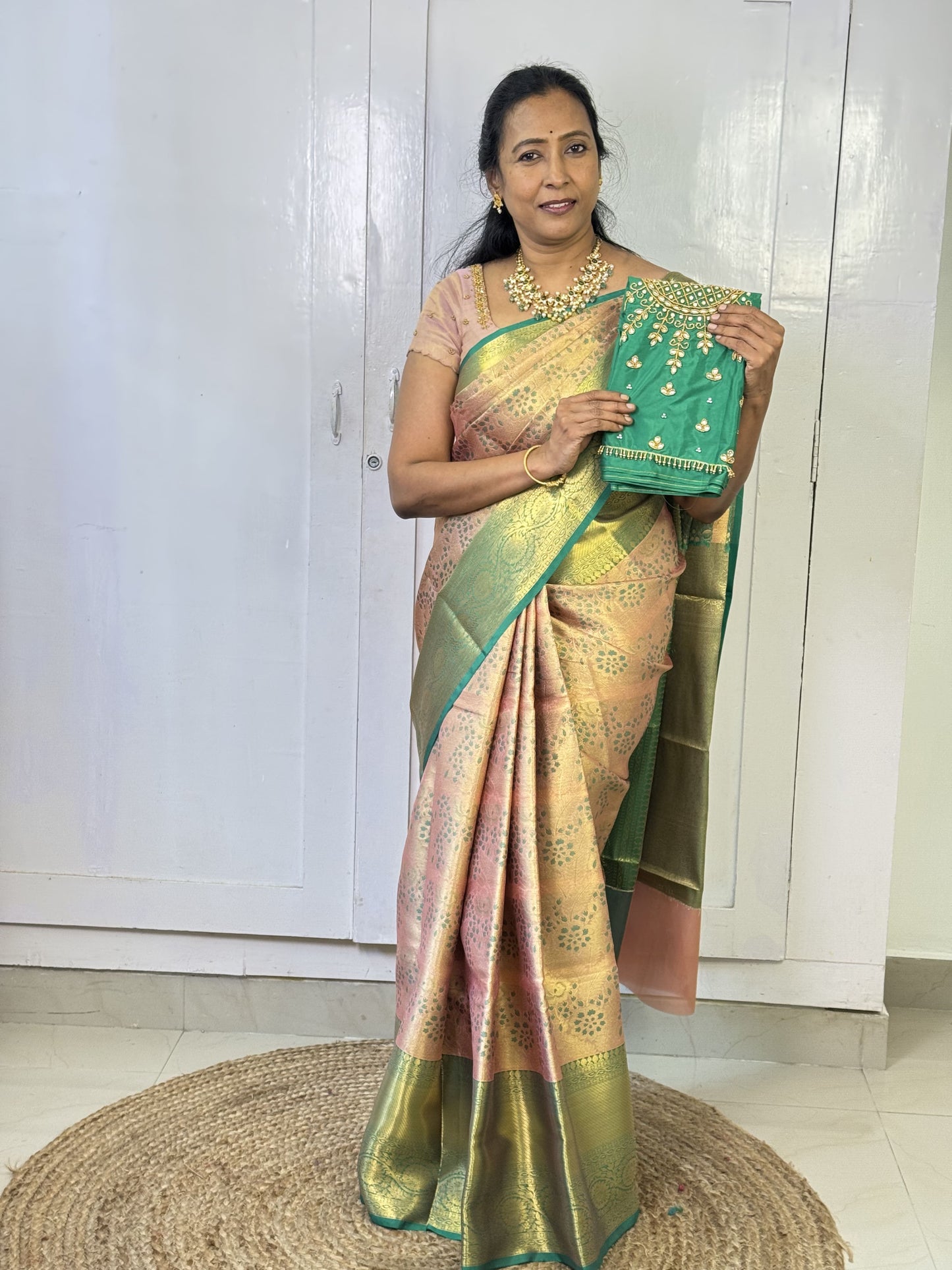 Rose Gold Green Semi Silk Saree with Hand Work Blouse Combo