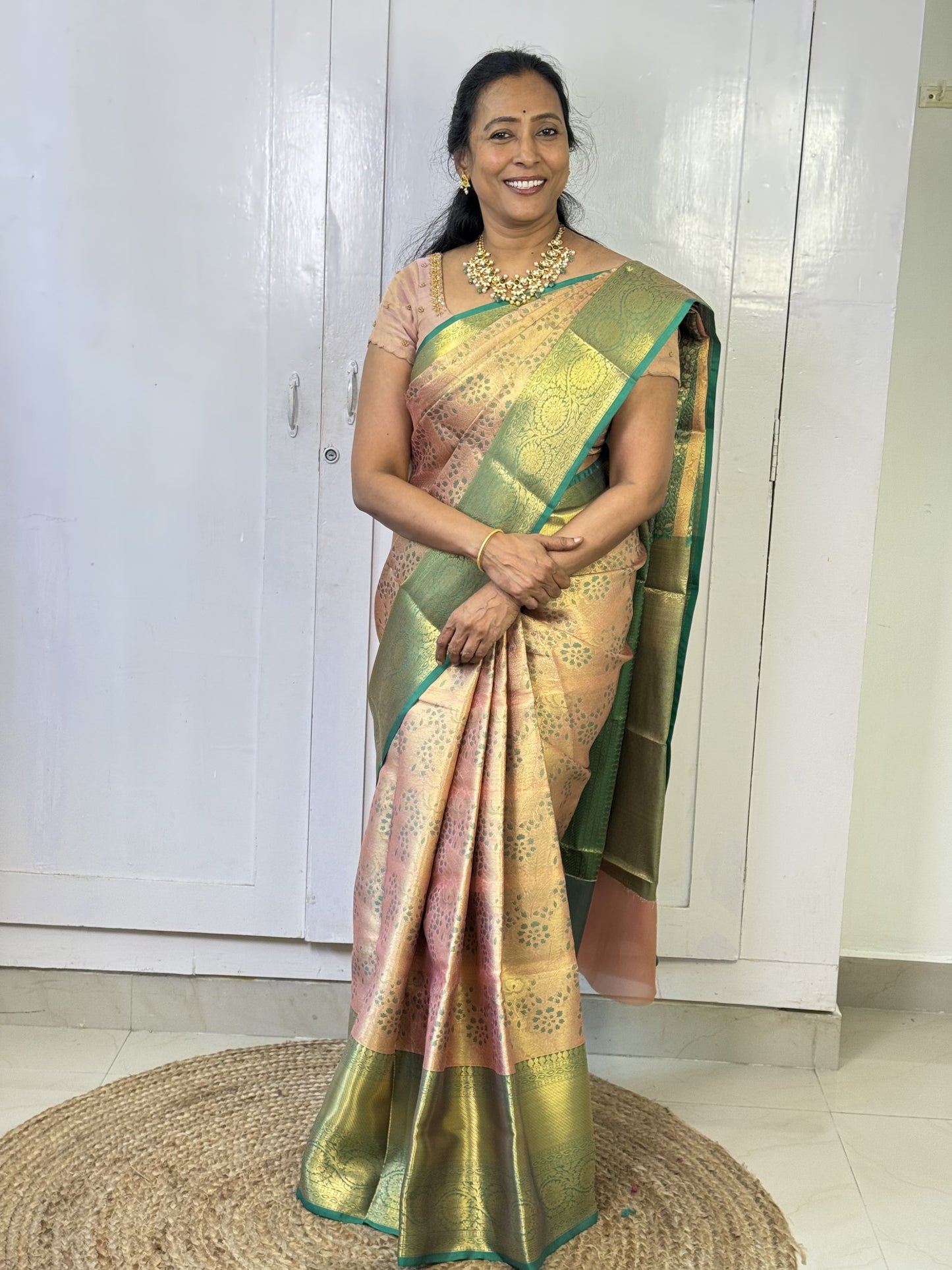 Rose Gold Green Semi Silk Saree with Hand Work Blouse Combo