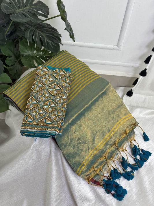 Light Rama Green Stipped Tissue Saree with Work Blouse Combo