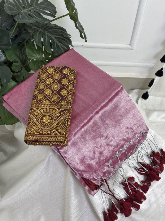 Silver Pink Plain Tissue Saree with Work Blouse Combo