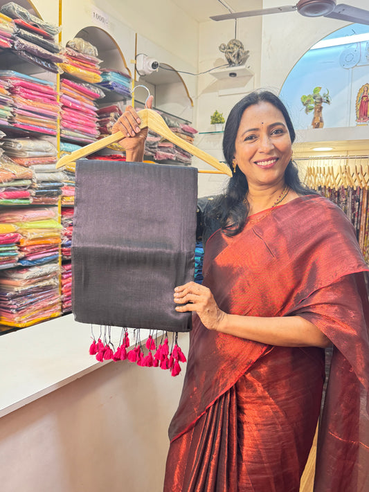 Black, Pink Tassels Plain Khadi Tissue Saree