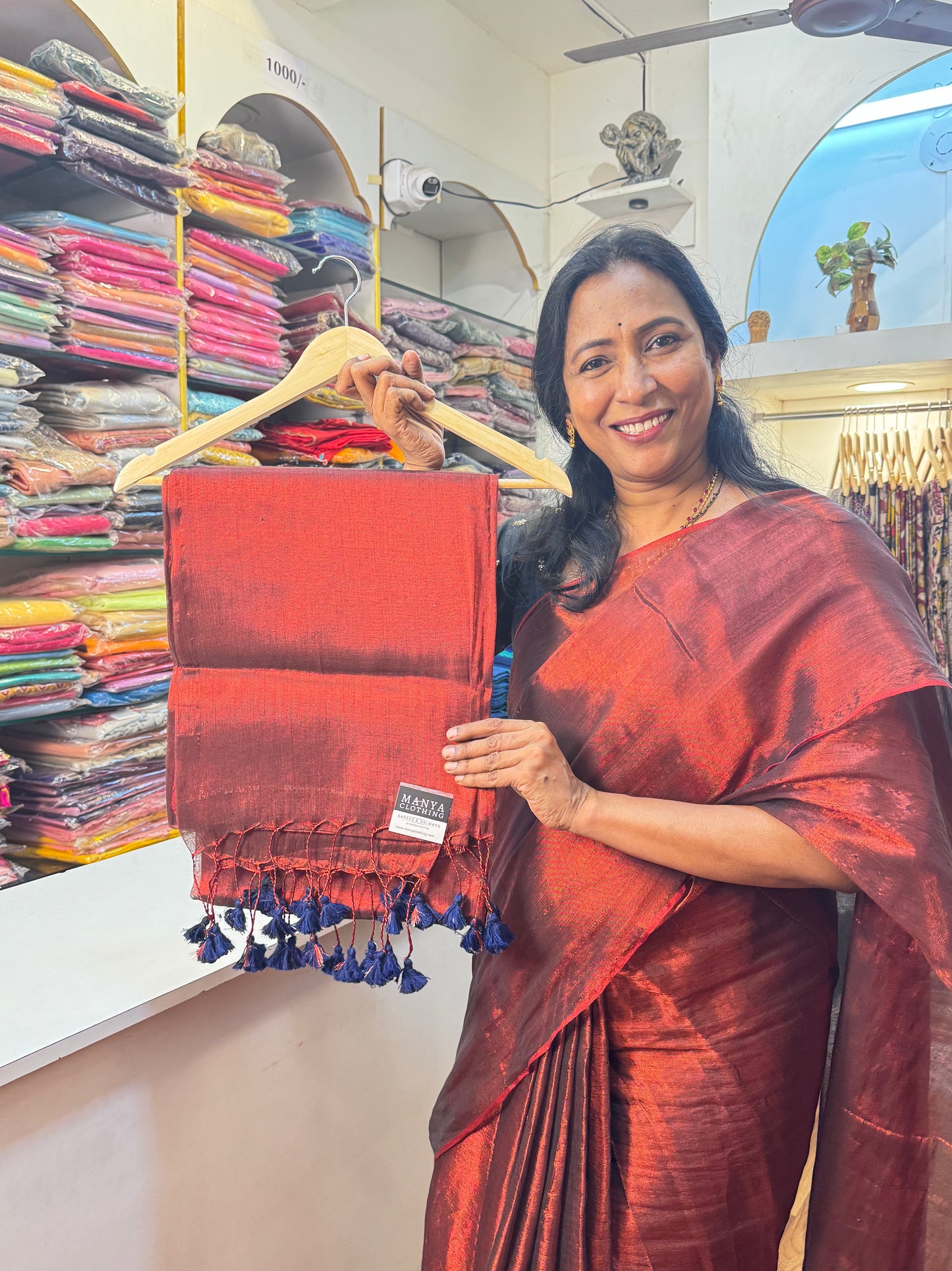 Maroon, Navy Blue Tassels Plain Khadi Tissue Saree