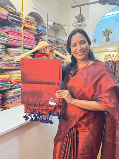 Maroon, Navy Blue Tassels Plain Khadi Tissue Saree