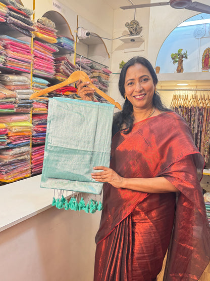 Seafoam Green Plain Khadi Tissue Saree