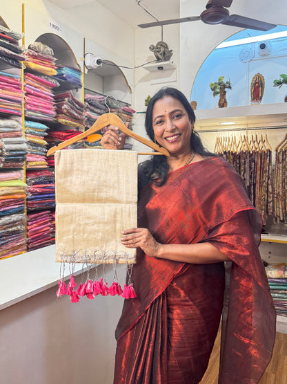Beige, Pink Tassels Plain Khadi Tissue Saree