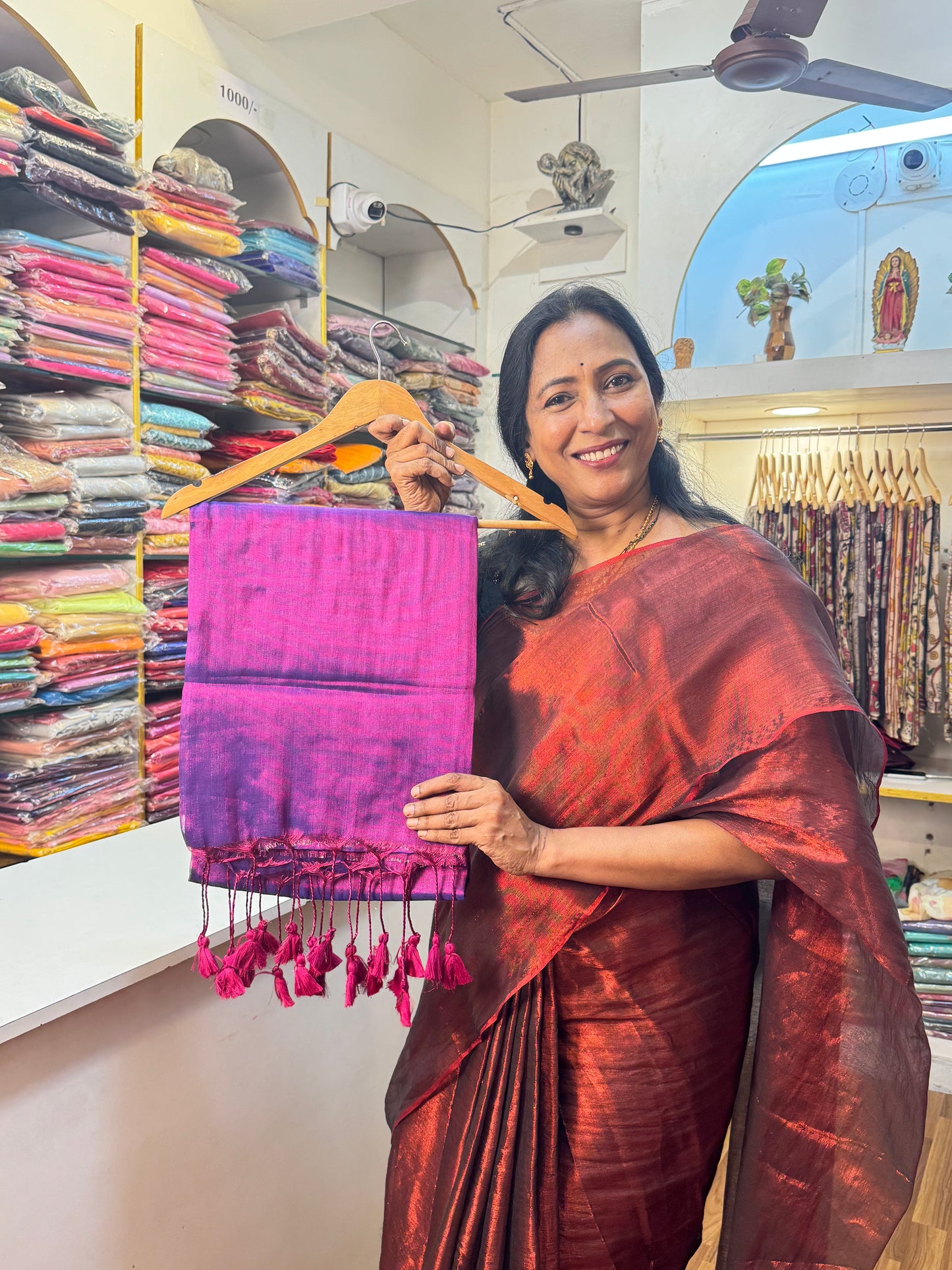 Purple, Purple Tassels Plain Khadi Tissue Saree