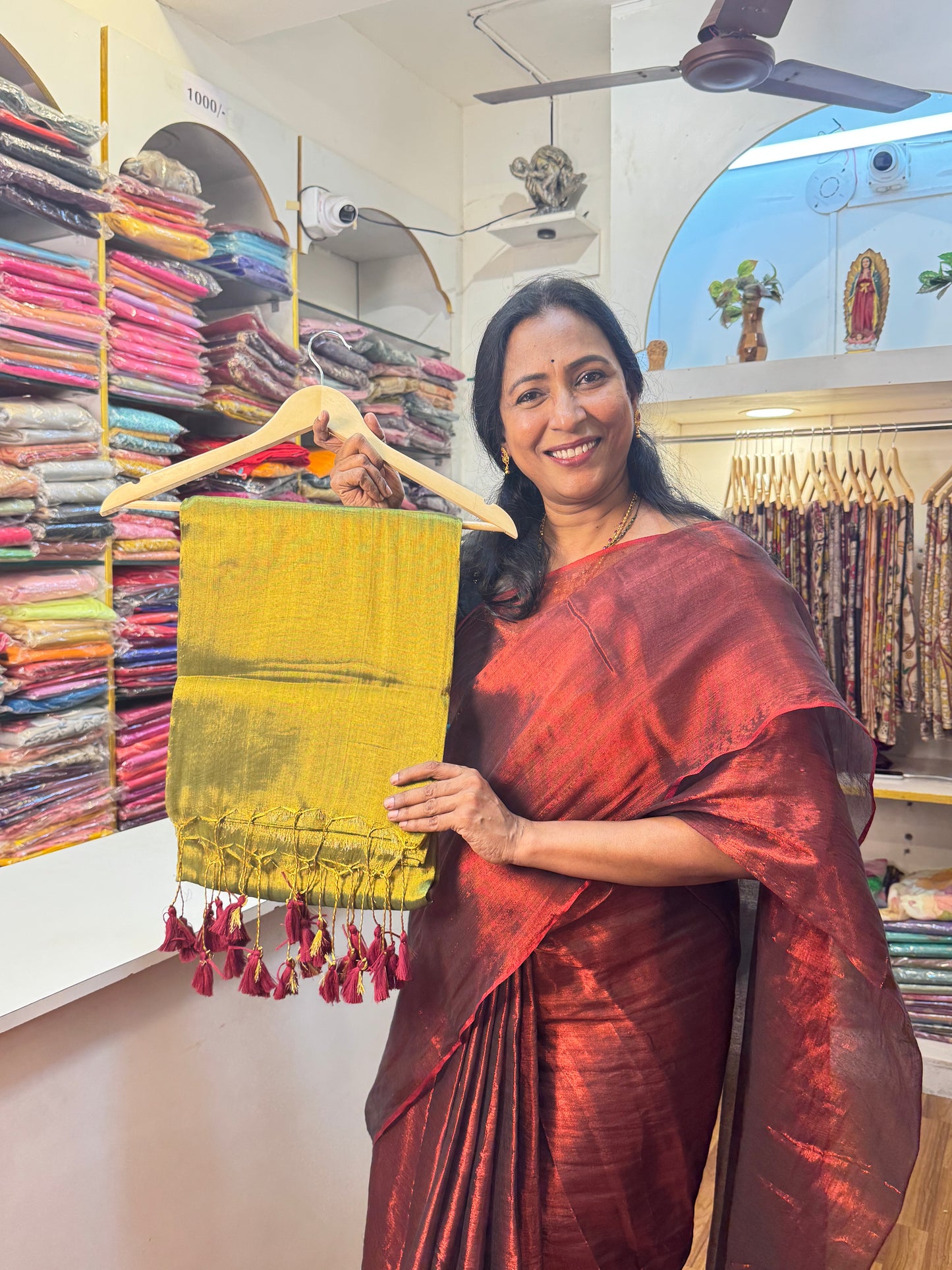 Mehendi Green, Maroon Tassels Plain Khadi Tissue Saree