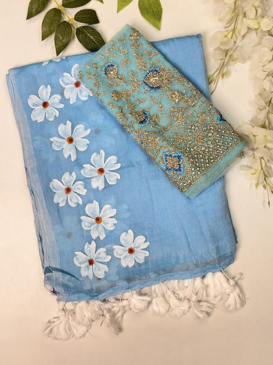 Sky Blue Mulcotton Saree with Blouse Combo