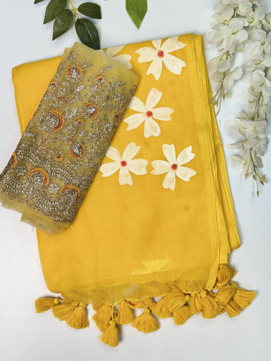 Yellow Mulcotton Saree with Blouse Combo