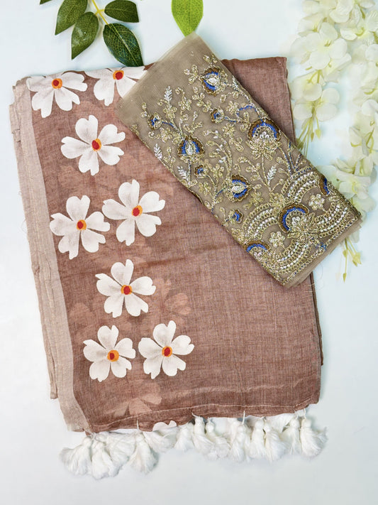 Light Brown Mulcotton Saree with Blouse Combo
