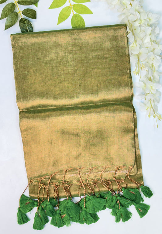 Copper Parrot Green Plain Khadi Tissue Saree