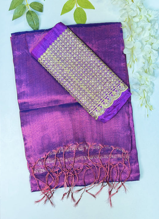 Purple Plain Khadi Tissue Saree with Blouse Combo