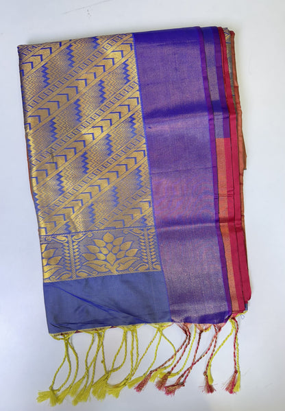 Coral with Slate Blue Soft Silk Saree