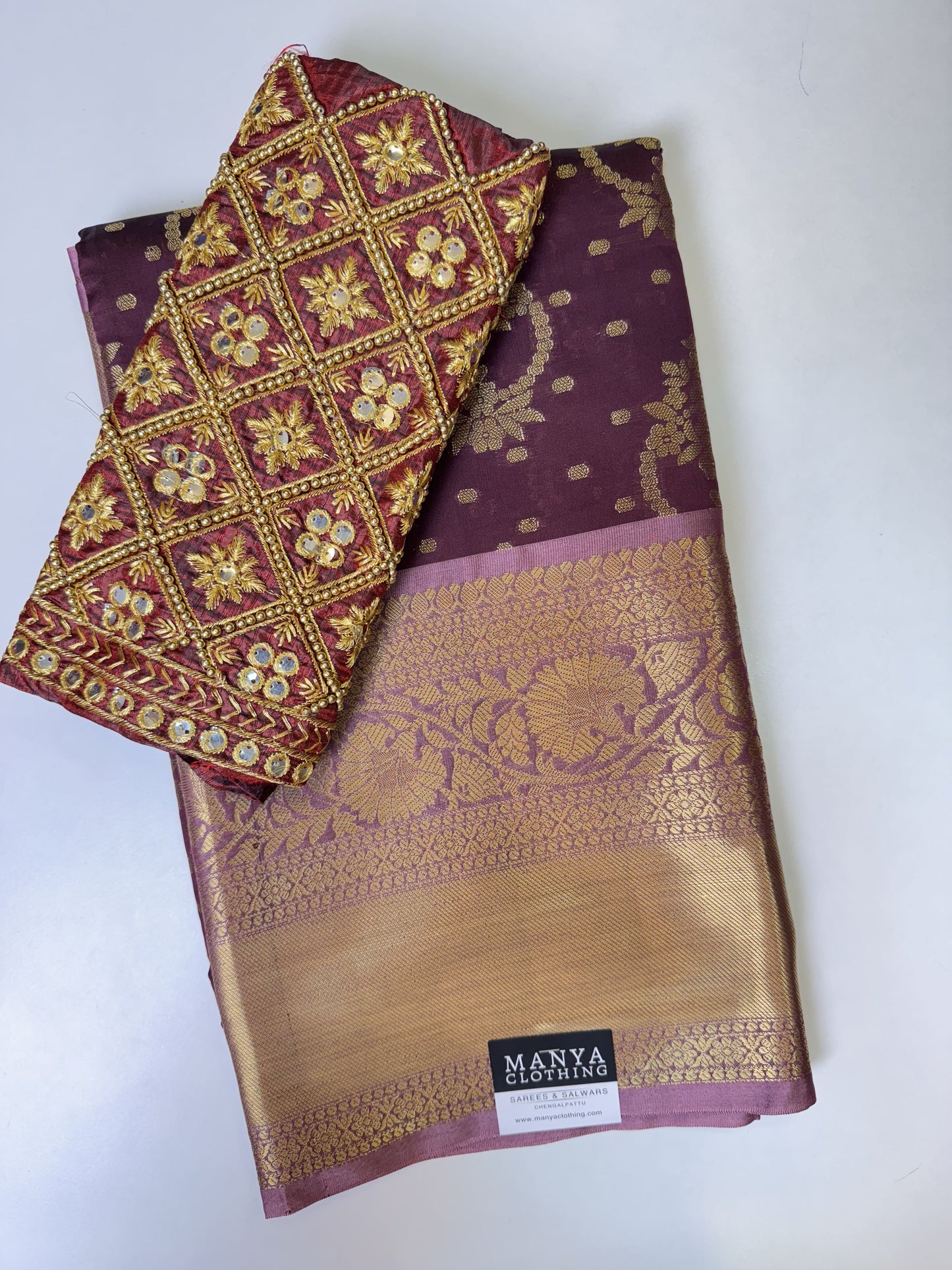 Coffee Powder Colour With Onion Pink Border Semi Kathan Saree With Work Blouse Combo