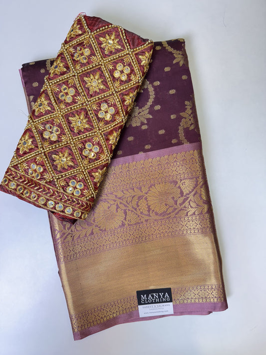 Coffee Powder Colour With Onion Pink Border Semi Kathan Saree With Work Blouse Combo