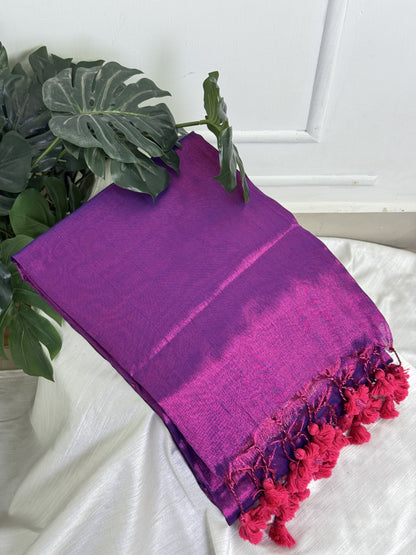 Dark Purple Pink Plain Tissue Saree with Work Blouse Combo