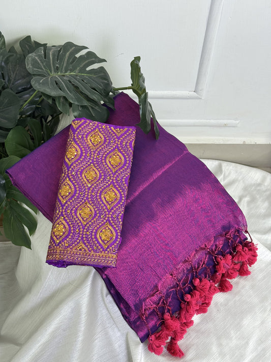 Dark Purple Pink Plain Tissue Saree with Work Blouse Combo