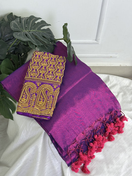 Dark Purple Pink Plain Tissue Saree with Work Blouse Combo