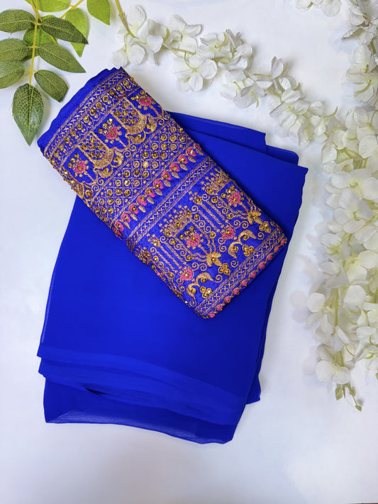 Royal Blue Chiffon Saree with work blouse combo