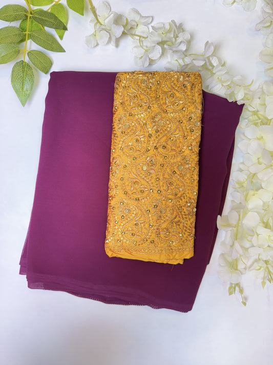 Purple Chiffon Saree with work blouse combo