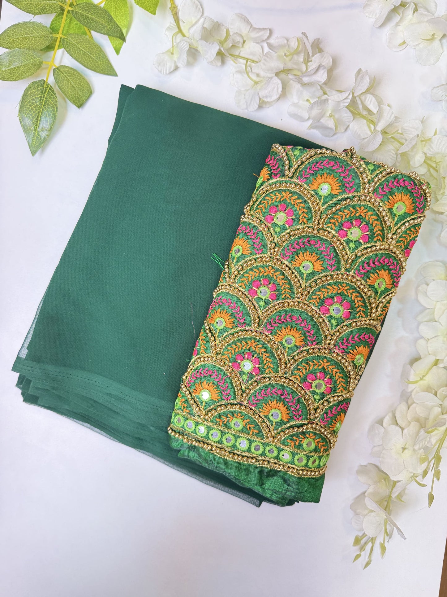 Green Chiffon Saree with work blouse combo