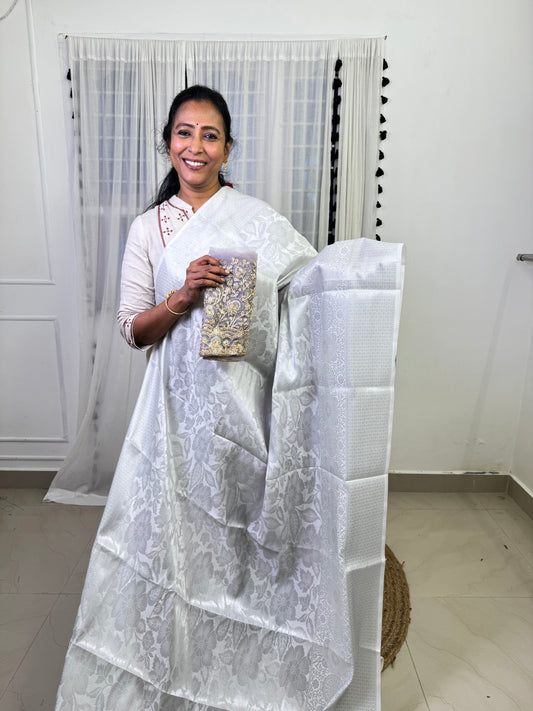 White Semi Kathan Silk Saree with Work Blouse Combo