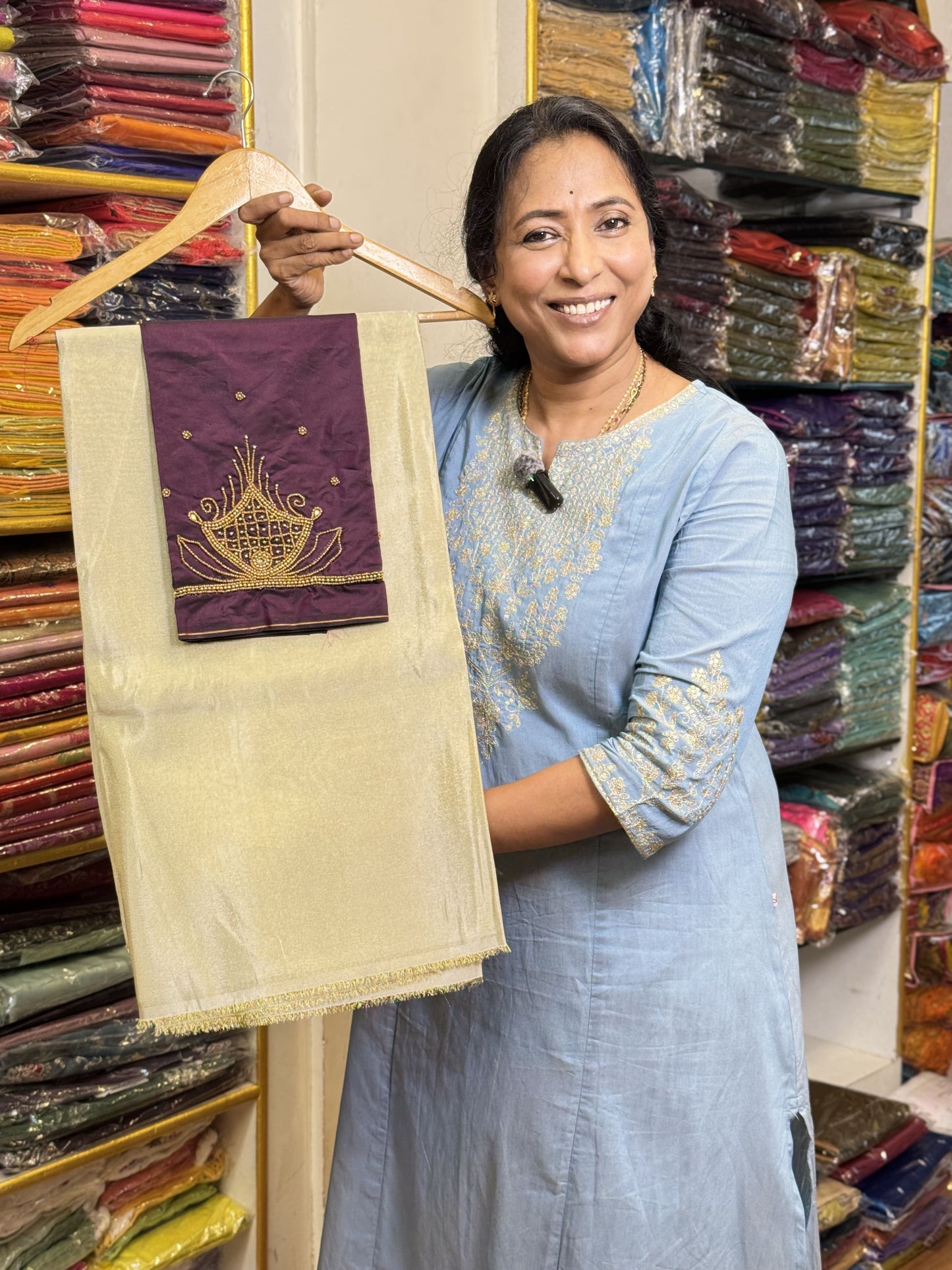 Light Gold Saree with work blouse combo