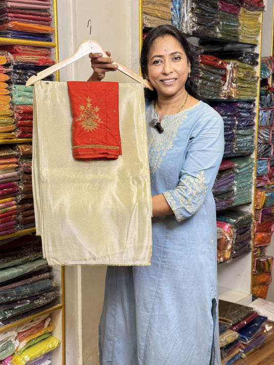 Light Gold Saree with work blouse combo