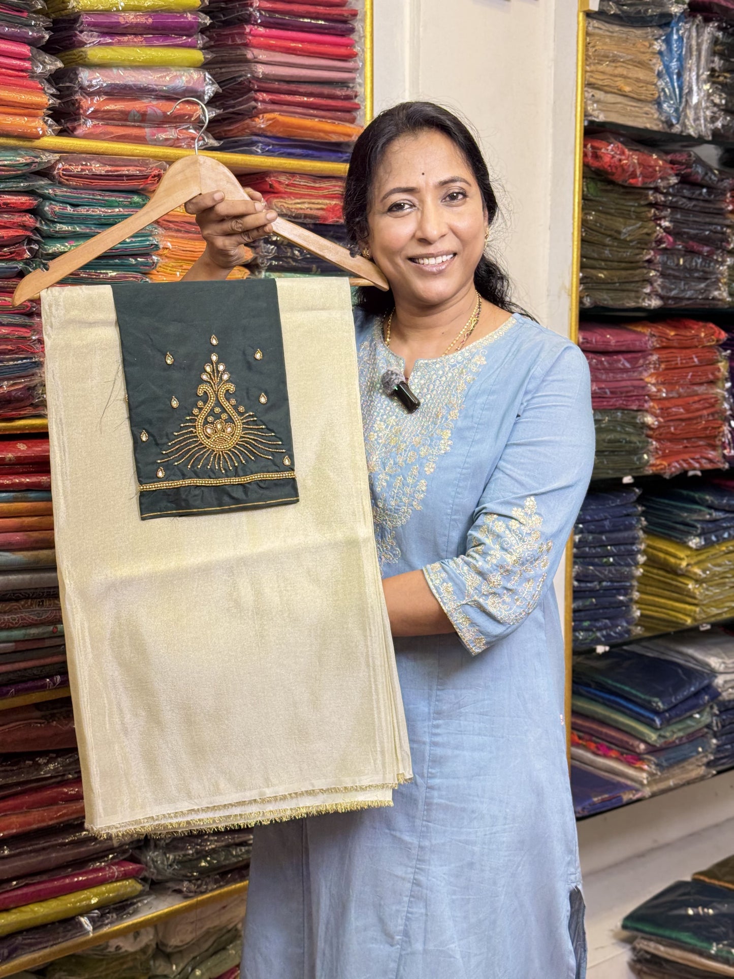 Light Gold Saree with work blouse combo