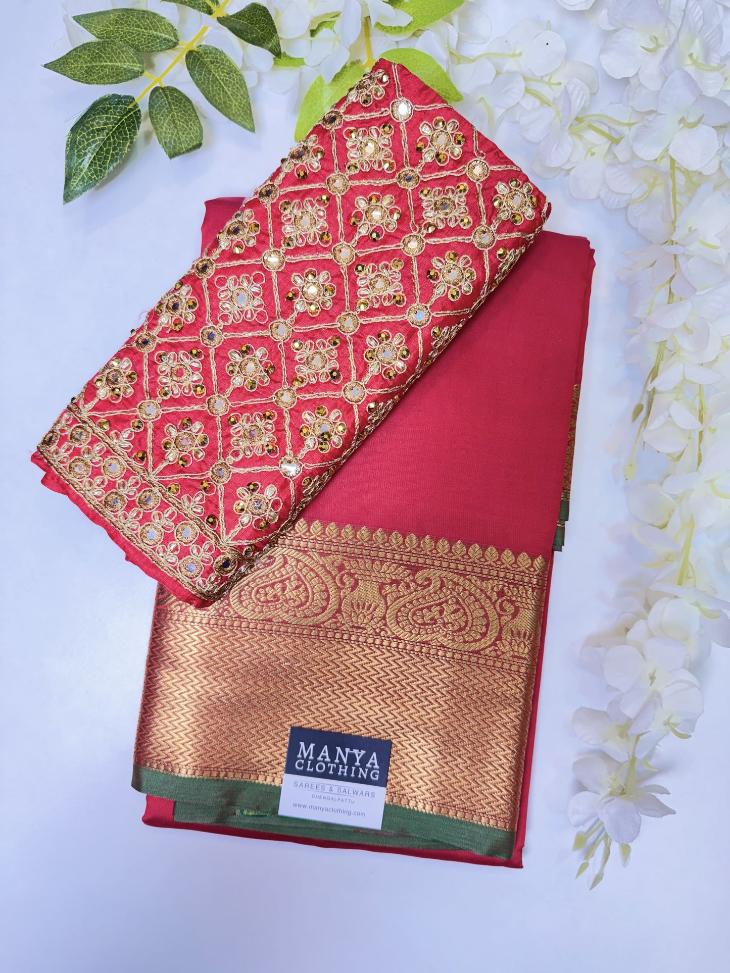 Tomato Red Soft Silk Saree with Work Blouse Combo