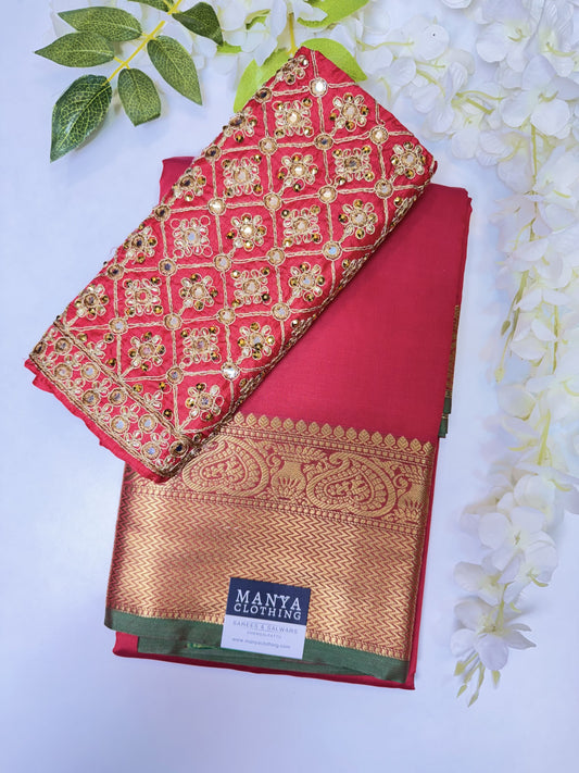 Tomato Red Soft Silk Saree with Work Blouse Combo