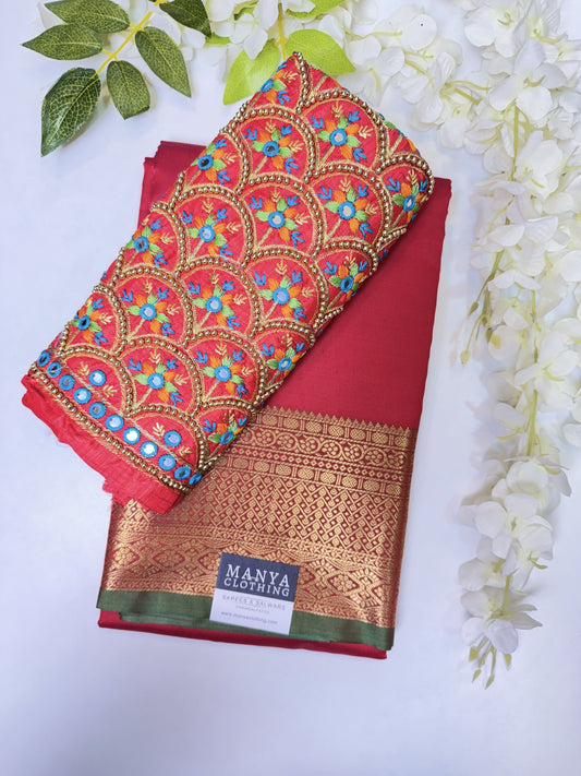 Red Soft Silk Saree with Work Blouse Combo