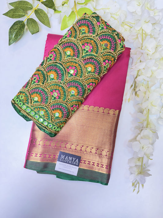 Pink Soft Silk Saree with Work Blouse Combo
