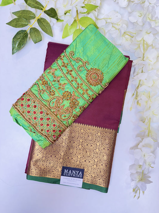 Maroon  Soft Silk Saree with Work Blouse Combo
