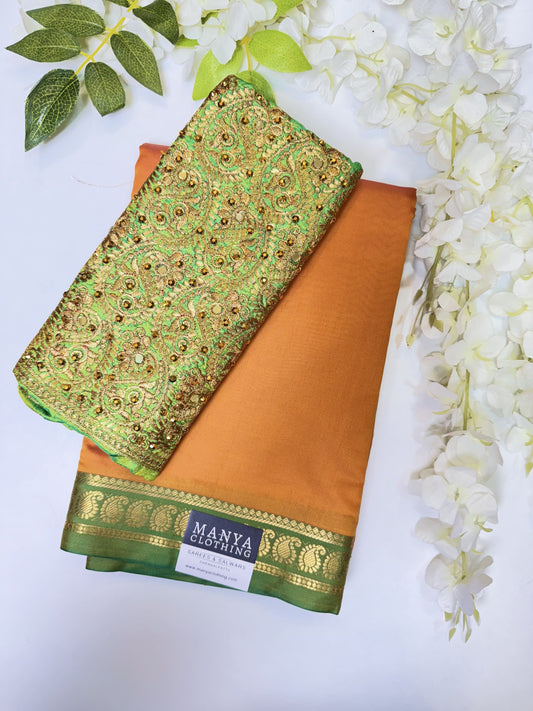 Mango Yellow Soft Silk Saree with Work Blouse Combo