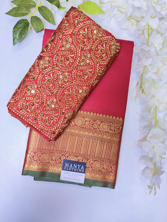 Tomato Red Soft Silk Saree with Work Blouse Combo