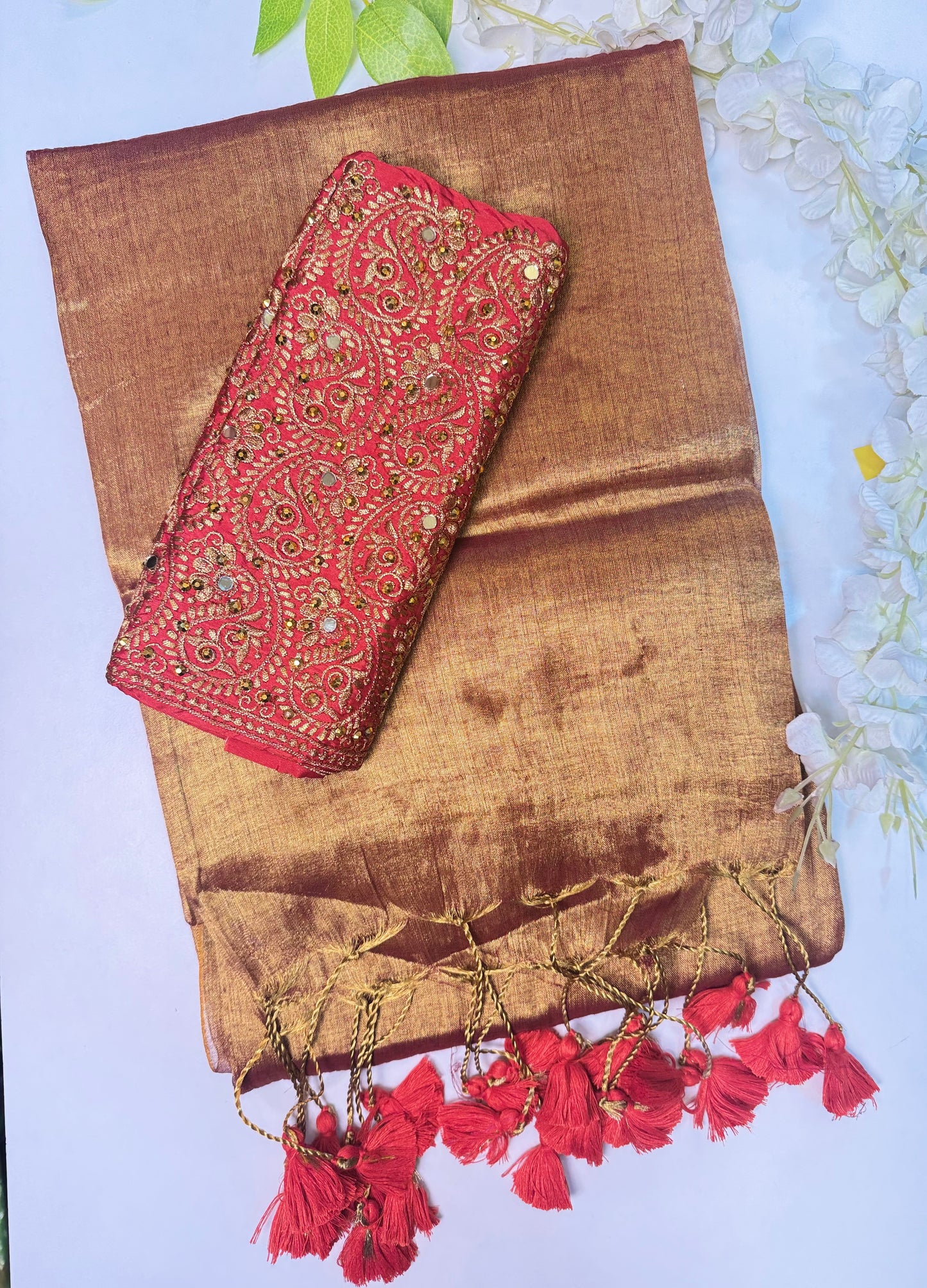 Golden Rust with Red Tassel Plain Tissue Saree with Work Blouse