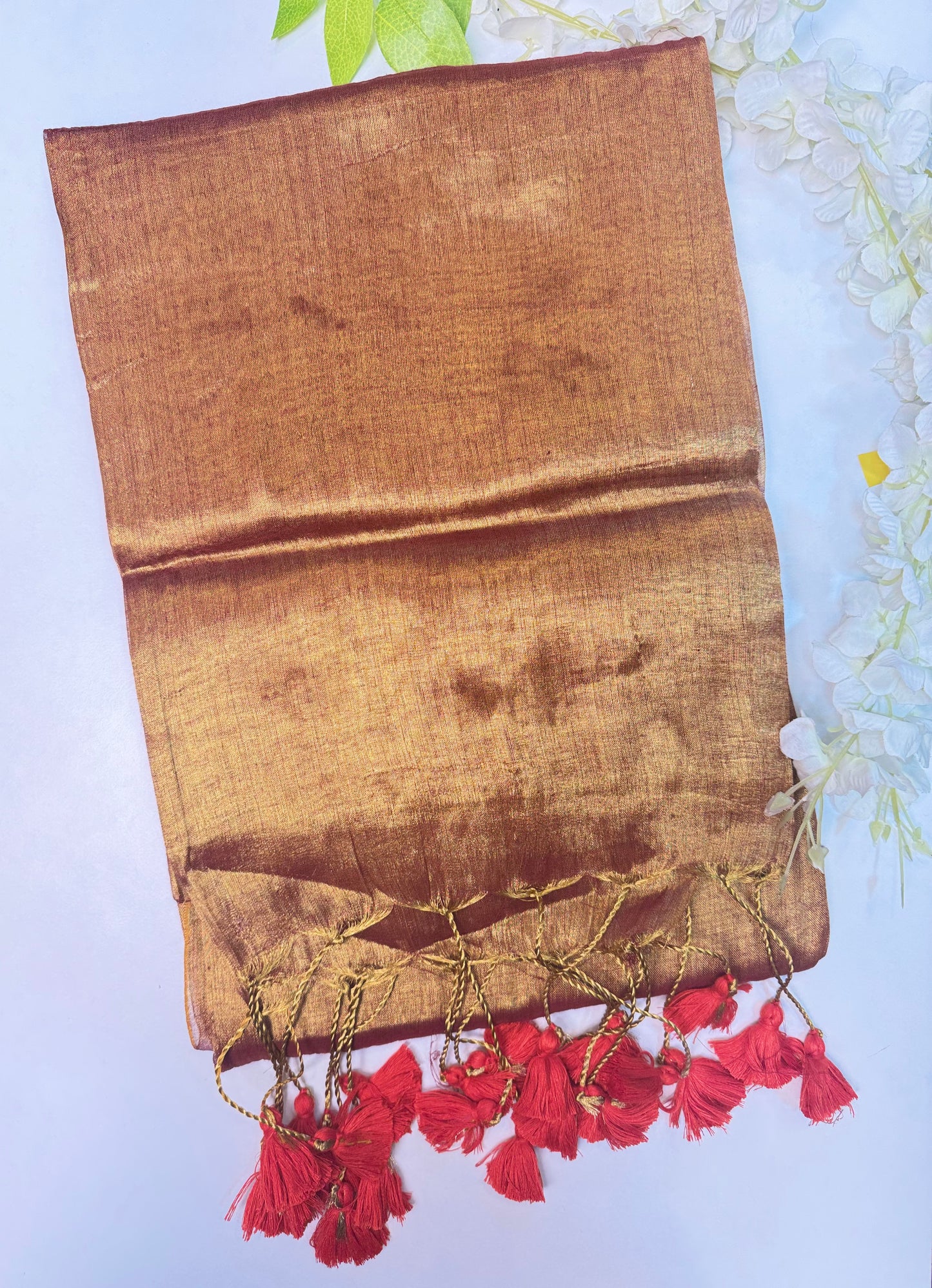 Golden Rust with Red Tassel Plain Tissue Saree