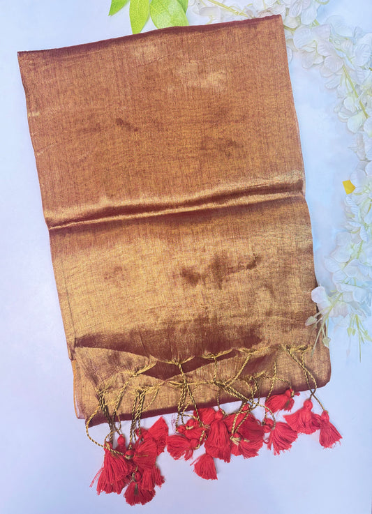 Golden Rust with Red Tassel Plain Tissue Saree