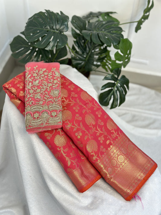 Pink Semi Katan Silk Saree with work blouse combo