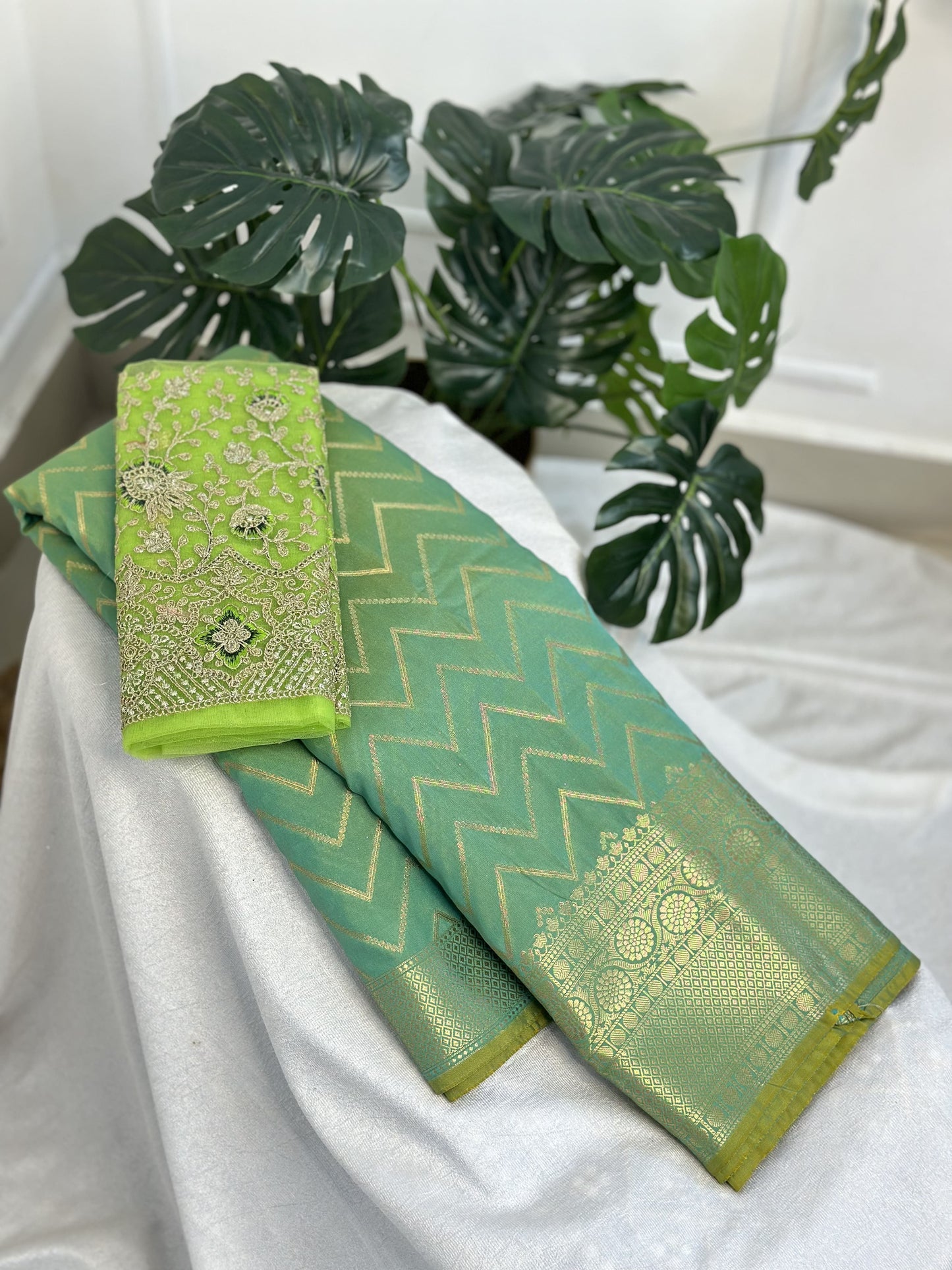 Light Ramagreen Semi Katan Silk Saree with work blouse combo